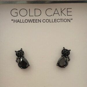 Gold Cake Gunmetal Tone & Black Cubic Zirconia Dainty Cat Stud Earrings NIB